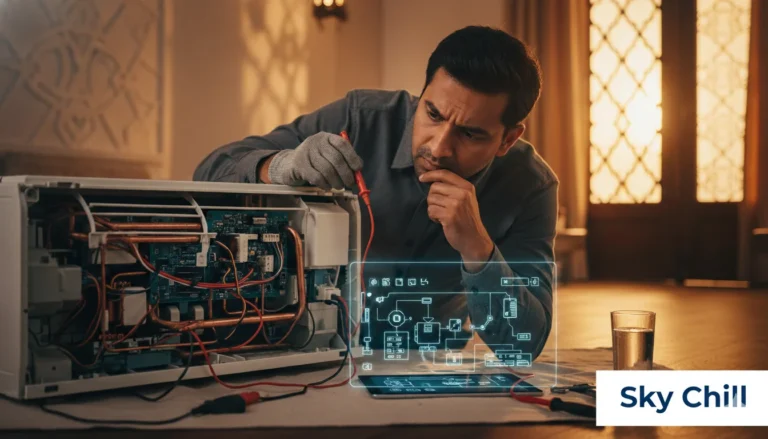 AC repair technician fixing air conditioner in Bahrain home